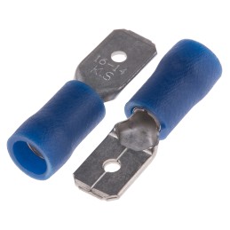 100 pcs - RS PRO Blue Insulated Male Spade Connector, Tab, 6.35 x 0.8mm Tab Size, 1.5mm² to 2.5mm²