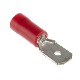 100 pcs - RS PRO Red Insulated Male Spade Connector, Tab, 6.35 x 0.8mm Tab Size, 0.5mm² to 1.5mm²