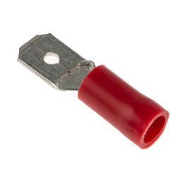 100 pcs - RS PRO Red Insulated Male Spade Connector, Tab, 6.35 x 0.8mm Tab Size, 0.5mm² to 1.5mm²