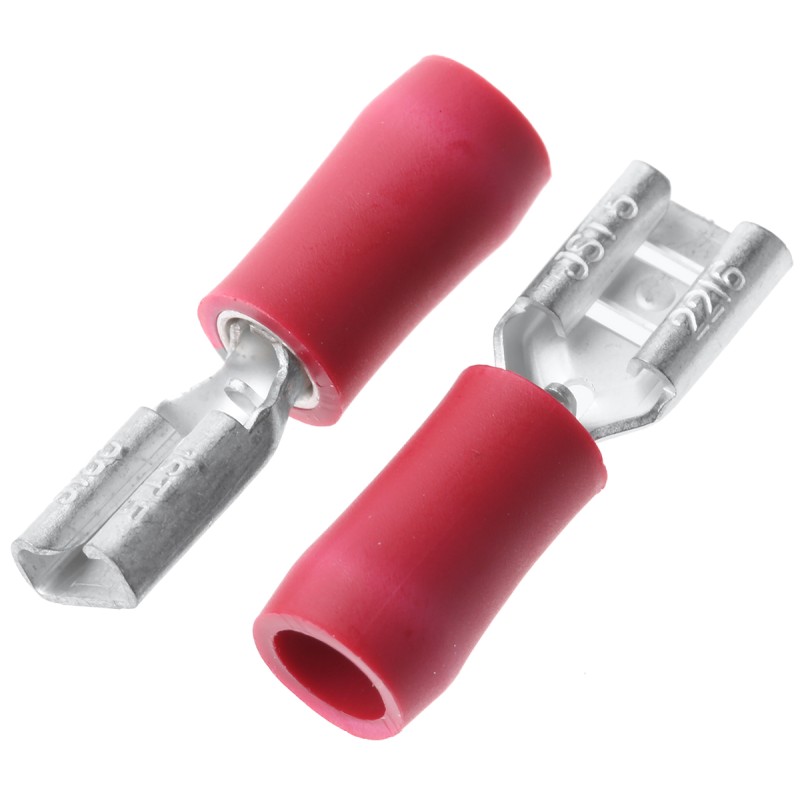 100 pcs - JST FVDDF Red Insulated Female Spade Connector, Receptacle, 4.75 x 0.5mm Tab Size, 0.25mm² to 1.65mm²