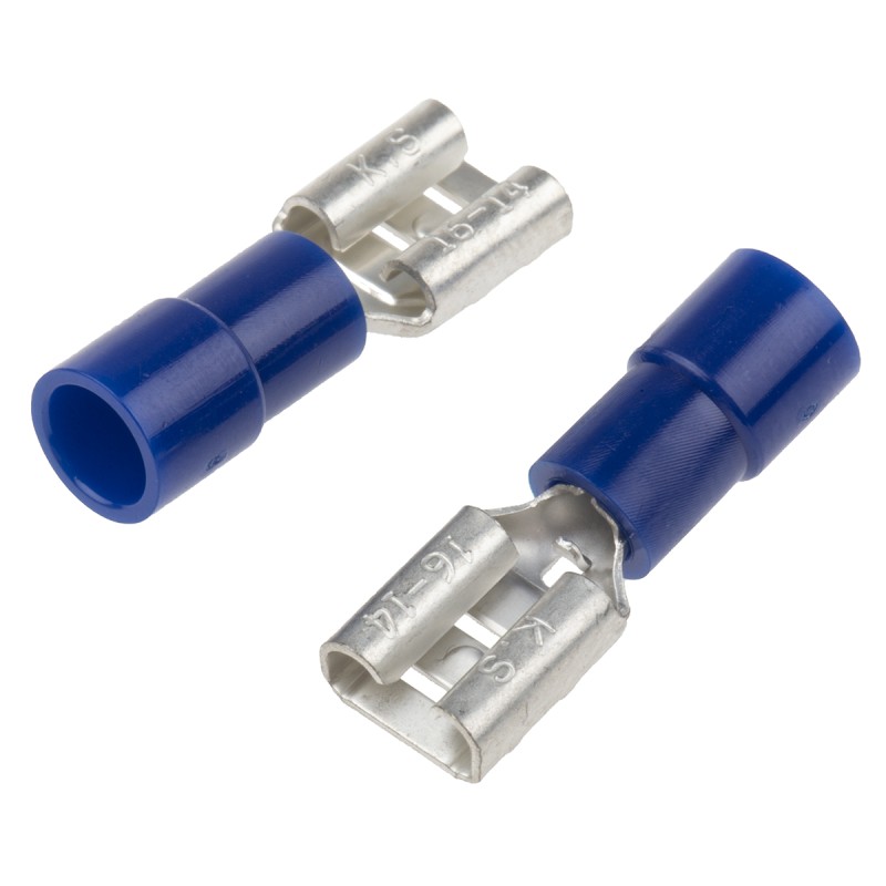100 pcs - RS PRO Blue Insulated Female Spade Connector, Receptacle, 6.35 x 0.8mm Tab Size, 1.5mm² to 2.5mm²