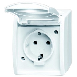 1 pcs - Busch Jaeger - ABB White 1 Gang Plug Socket, 2 Poles, 16A, Type F - German Schuko, Outdoor Use