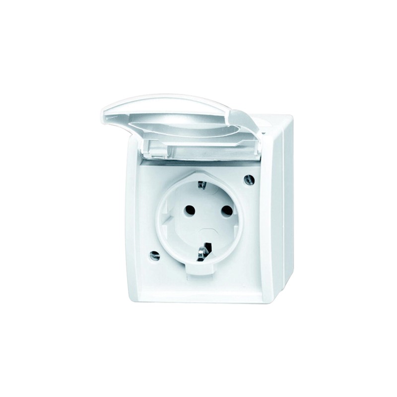 1 pcs - Busch Jaeger - ABB White 1 Gang Plug Socket, 2 Poles, 16A, Type F - German Schuko, Outdoor Use