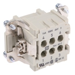 1 pcs - Han E Series size 16 A Connector Insert, Female, 6 Way, 16A, 500 V