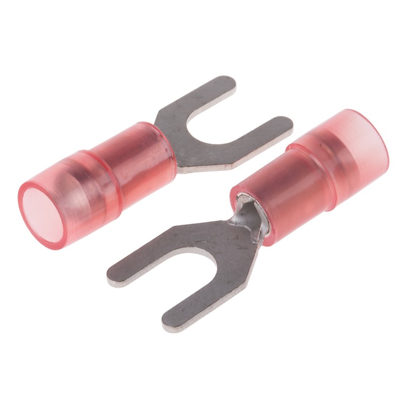 100 pcs - RS PRO Insulated Crimp Spade Connector, 0.5mm² to 1.5mm², 22AWG to 16AWG, M4.5 (8) Stud Size Nylon, Red