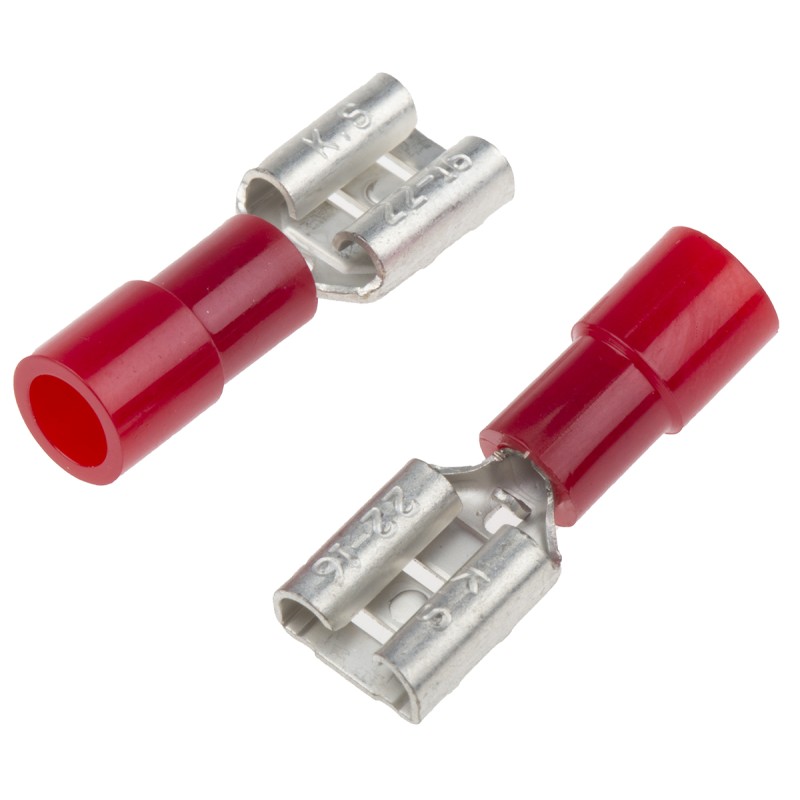 100 pcs - RS PRO Red Insulated Female Spade Connector, Receptacle, 6.35 x 0.8mm Tab Size, 0.5mm² to 1.5mm²