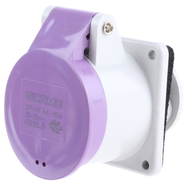 1 pcs - Scame IP44 Purple Panel Mount 2P Industrial Power Socket, Rated At 16A, 20 - 25 V