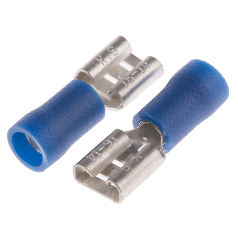 100 pcs - RS PRO Blue Insulated Female Spade Connector, Receptacle, 6.35 x 0.8mm Tab Size, 1.5mm² to 2.5mm²
