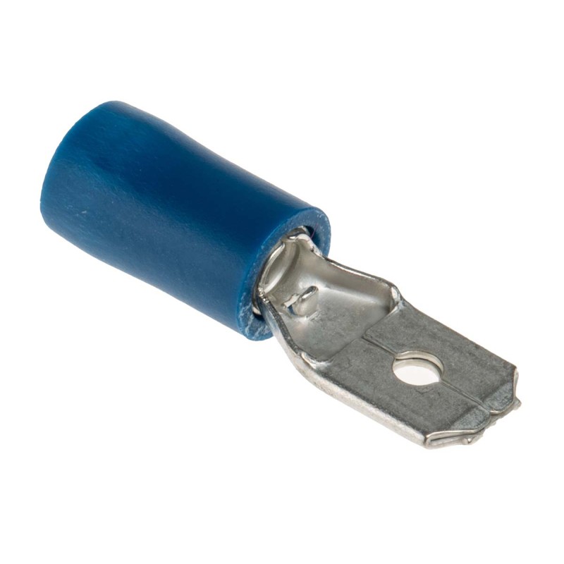 100 pcs - RS PRO Blue Insulated Male Spade Connector, Tab, 6.35 x 0.8mm Tab Size, 1.5mm² to 2.5mm²