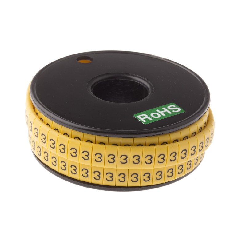 1 Reel of 500 - RS PRO Slide On Cable Markers, Black on Yellow, Pre-printed '3', 3.5 - 7mm Cable