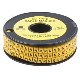 1 Reel of 500 - RS PRO Slide On Cable Markers, Black on Yellow, Pre-printed 'N', 3.6 - 7.4mm Cable