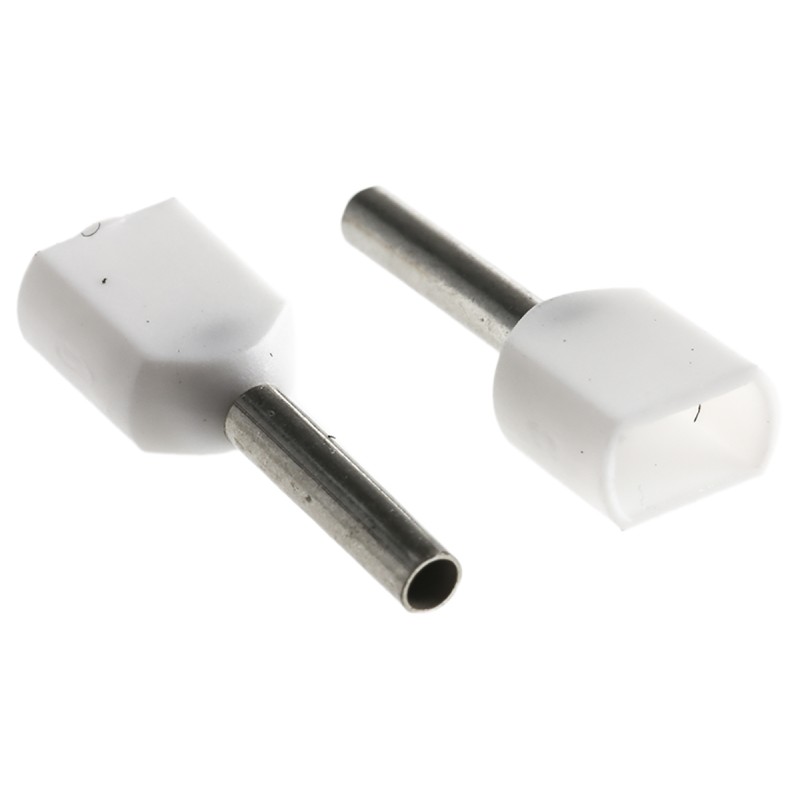 100 pcs - TE Connectivity Insulated Crimp Bootlace Ferrule, 8mm Pin Length, 1.4mm Pin Diameter, 2 x 0.5mm² Wire Size, White