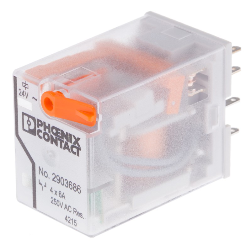 1 pcs - Phoenix Contact PCB Mount Power Relay, 24V ac Coil, 6A Switching Current, 4PDT
