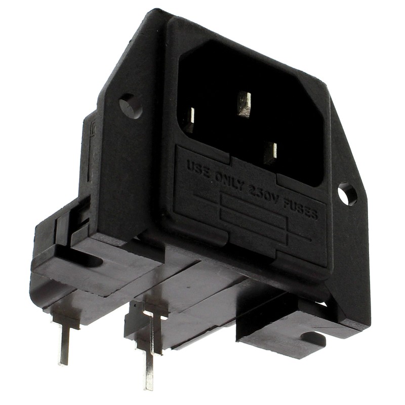 1 pcs - Bulgin C14 Right Angle Panel Mount, PCB Mount IEC Connector Male, 10A, 250 V, Fuse Size 5 x 20mm