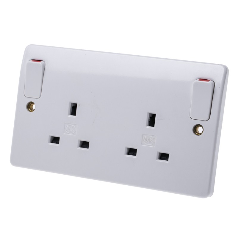 1 pcs - MK Electric White 2 Gang Plug Socket, 13A, Type G - British, Indoor Use