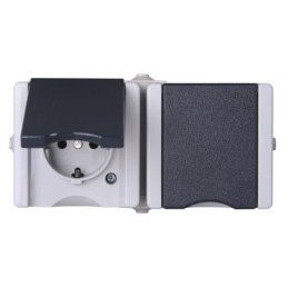 1 pcs - Kopp Grey 2 Gang Plug Socket, 2 Poles, 16A, Type F - German Schuko, Outdoor Use