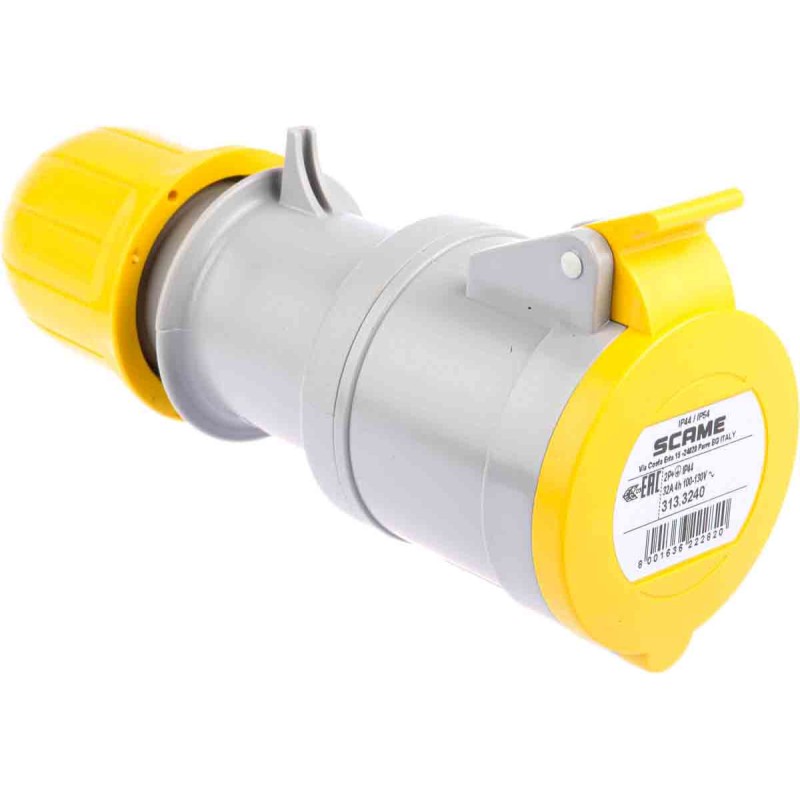 1 pcs - Scame IP44 Yellow Cable Mount 2P + E Industrial Power Socket, Rated At 32A, 110 V