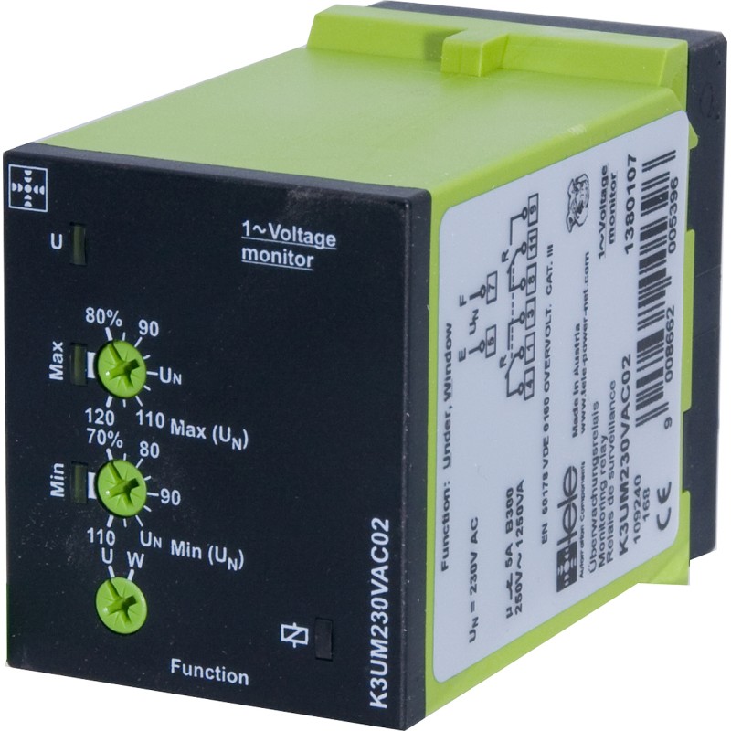 1 pcs - Tele Phase, Voltage Monitoring Relay, 1, 3 Phase, DPDT, Maximum of 400 V, DIN Rail