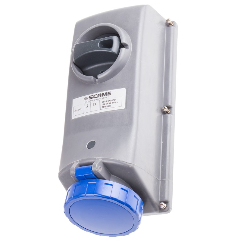 1 pcs - Scame IP67 Blue Panel Mount 2P + E Right Angle Industrial Power Socket, Rated At 32A, 230 V