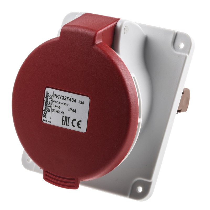 1 pcs - Schneider Electric, PratiKa IP67 Red Panel Mount 3P + E Right Angle Industrial Power Socket, Rated At 32A, 415 V