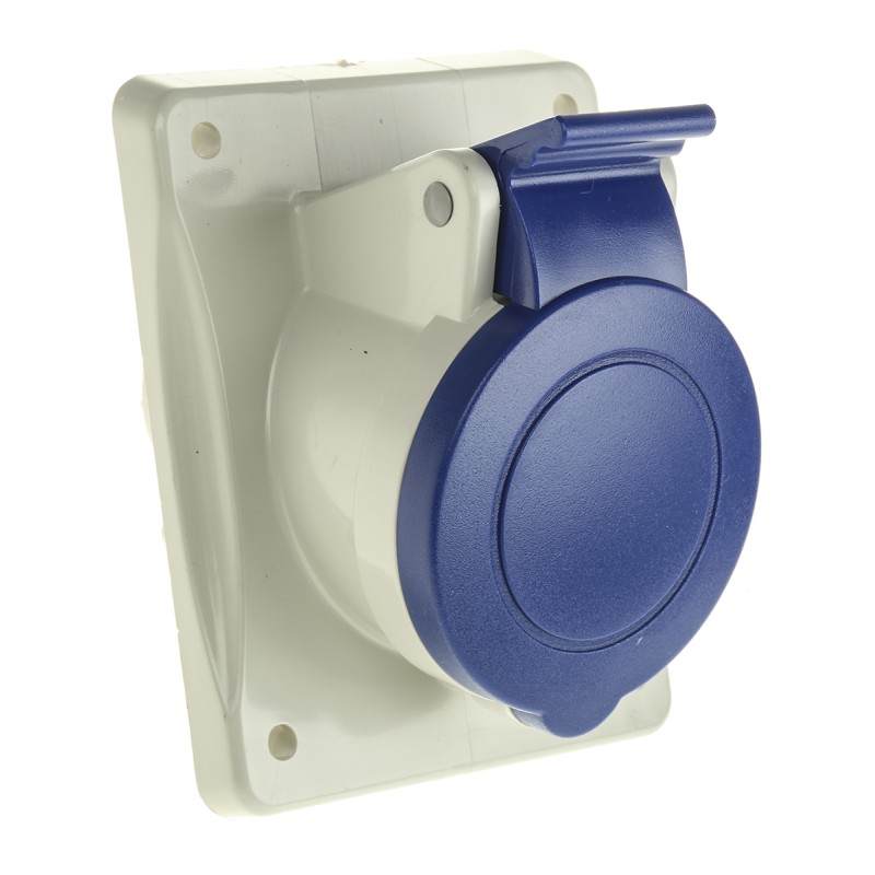 1 pcs - Scame IP44 Blue Panel Mount 2P + E Heavy Duty Power Connector Socket, Rated At 16A, 230 V