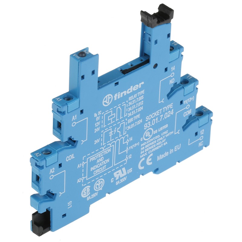 1 pcs - Finder 93 5 Pin 6-24V dc DIN Rail Relay Socket, for use with 34.81, 34.51 Series Relay