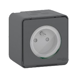 1 pcs - Schneider Electric Grey 1 Gang Plug Socket, 2P+E Poles, 16A, Type E - French, Outdoor Use