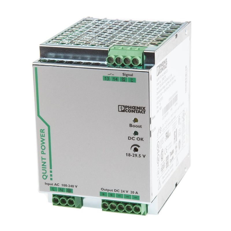 1 pcs - Phoenix Contact QUINT-PS/1AC/24DC/20 Switch Mode DIN Rail Power Supply, 85 - 264V ac ac Input, 24V dc dc Output,