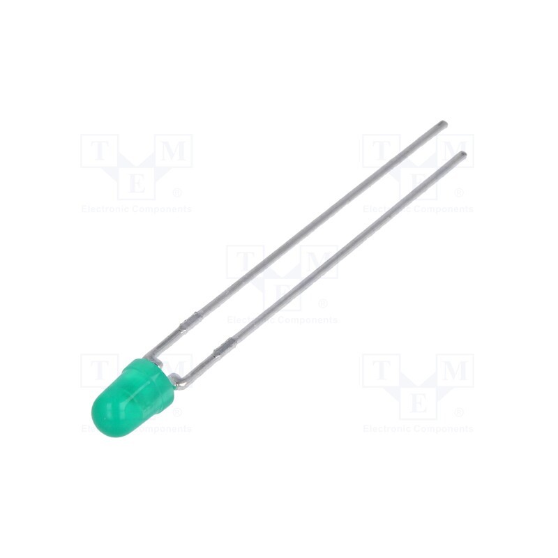 10 pcs : HLMP-1503-D0000 - LED, 3mm, green, 4.2mcd, 60°, Front: convex, 1.5÷2.7V, No.of term: 2