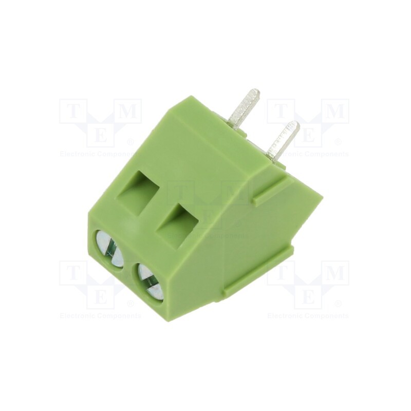 50 pcs : XY103-2P 5.0MM GREEN - PCB terminal block, angled 45°, 5mm, ways: 2, on PCBs, 2.5mm2, 10A