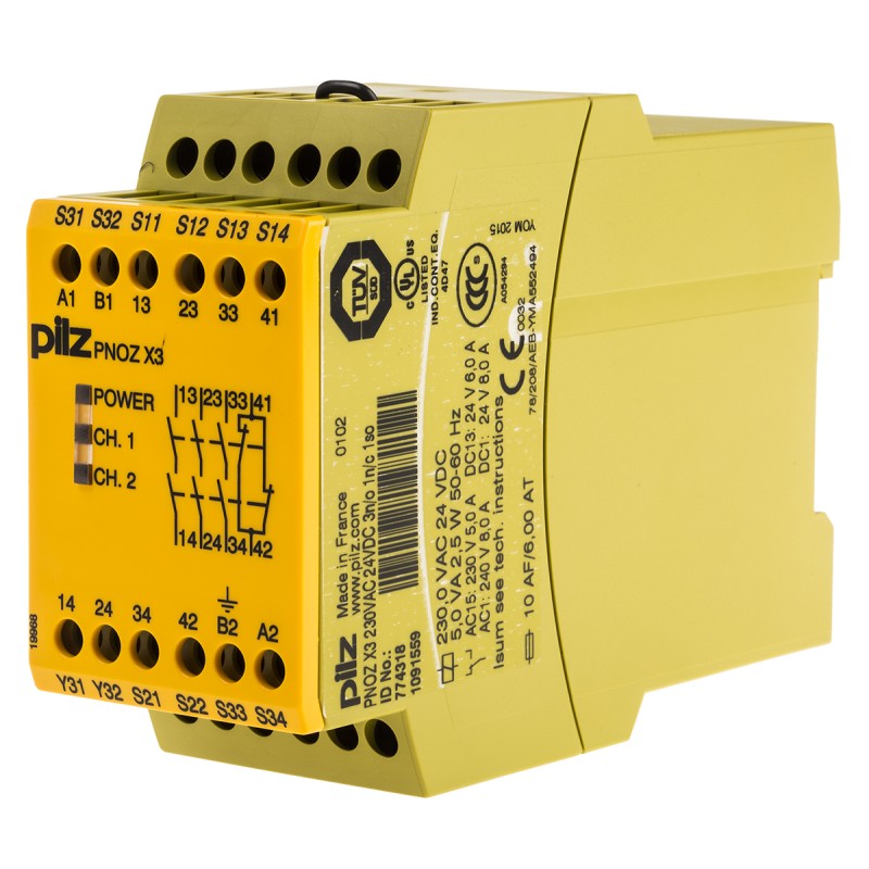 1 pcs - Pilz Dual-Channel Emergency Stop Safety Relay, 24 V dc, 230V ac, 3 Safety Contacts