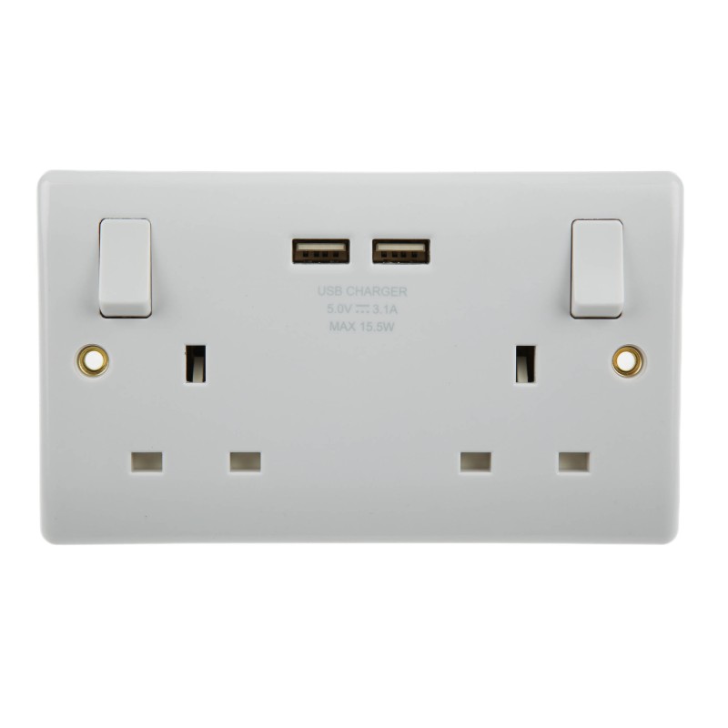 1 pcs - BG Electrical White 2 Gang Power Socket, 2 Poles, 13A, Type G - British, USB