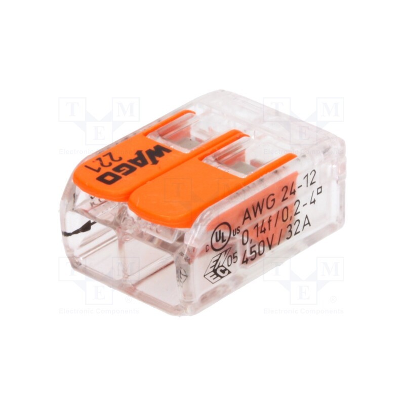 10 pcs : 221-412 - Quick splice, 221, spring clamp, 0.2÷4mm2, 450V, 32A, for cable