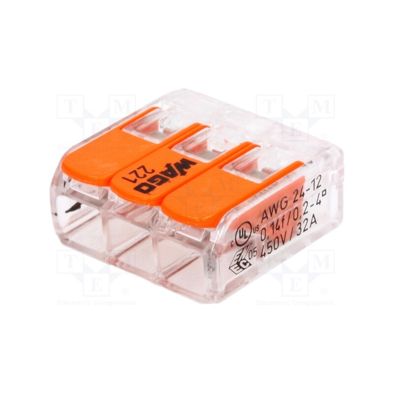 10 pcs : 221-413 - Quick splice, 221, spring clamp, 0.2÷4mm2, 450V, 32A, for cable