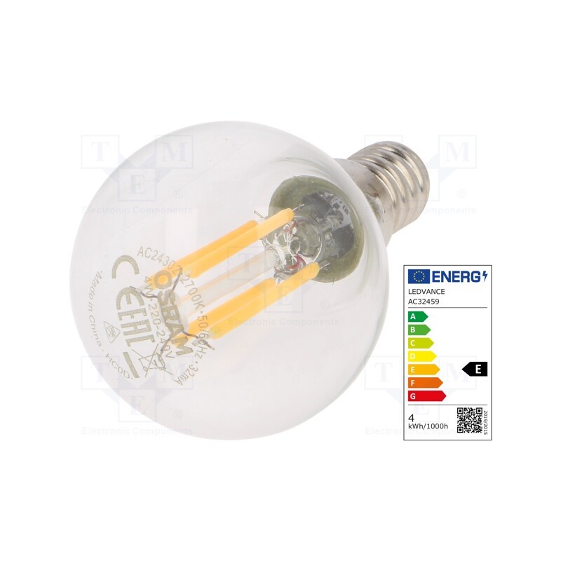 10 pcs : 4058075438590 - LED lamp, warm white, E14, 230VAC, 470lm, P: 4W, 2700K, CRImin: 80