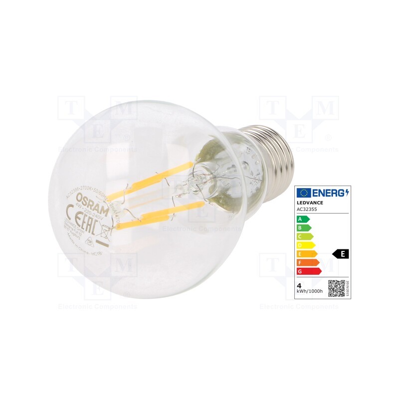 10 pcs : 4058075592131 - LED lamp, warm white, E27, 230VAC, 470lm, P: 4W, 2700K, CRImin: 80