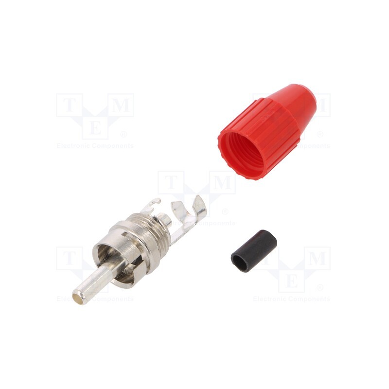 10 pcs : 413-0500 - Plug, RCA, male, straight, soldering, red, brass, Enclos.mat: acetal
