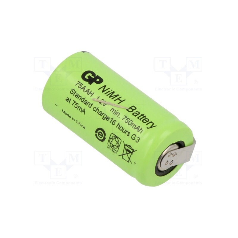 10 pcs : 75AAH - Re-battery: Ni-MH, 2/3AA,2/3R6, 1.2V, 750mAh, soldering lugs