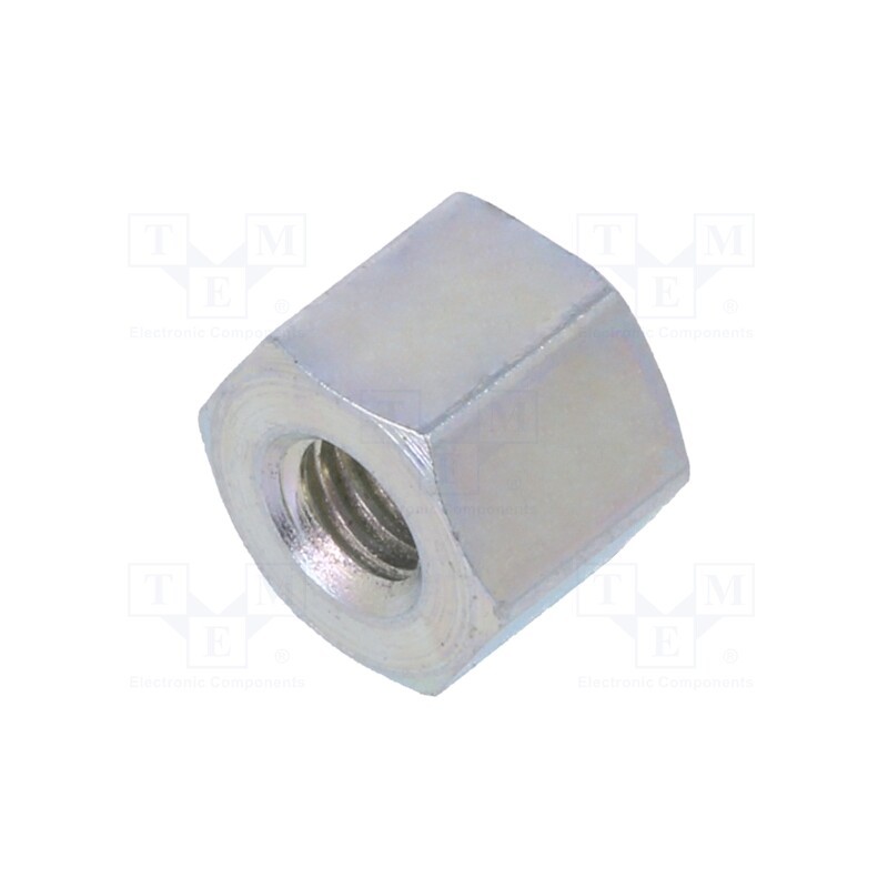 50 pcs : 125X05 - Screwed spacer sleeve, 5mm, Int.thread: M3, hexagonal, steel, zinc