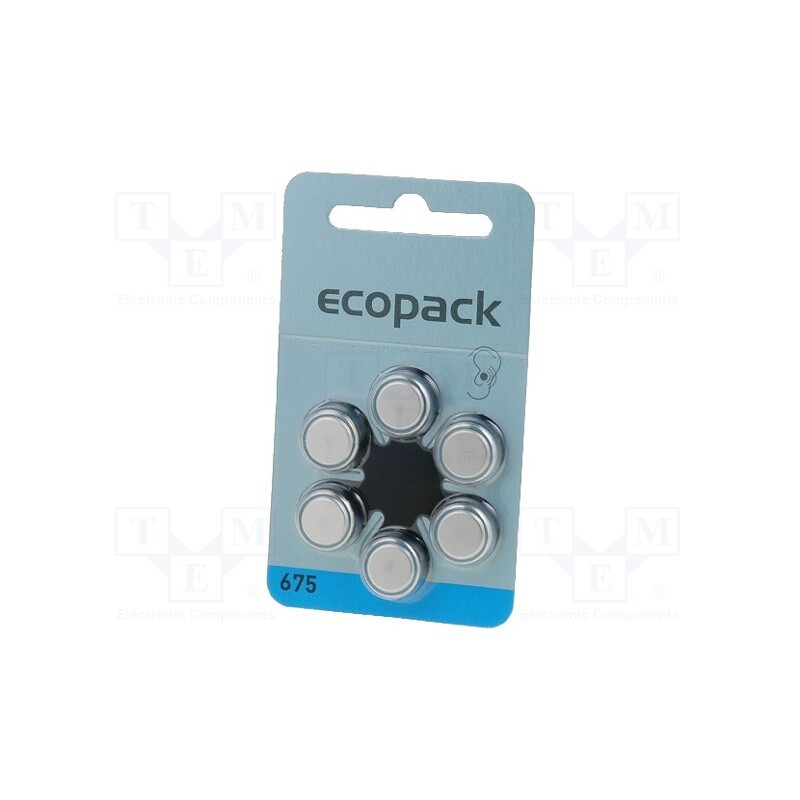 10 set : 4600 726 406 - Battery: zinc air (ZnO2), 1.4V, AC675,coin,R1154, 610mAh, 6pcs.