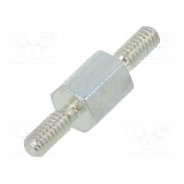 50 pcs : 421X05 - Screwed spacer sleeve, 5mm, Ext.thread: M2, hexagonal, steel, zinc