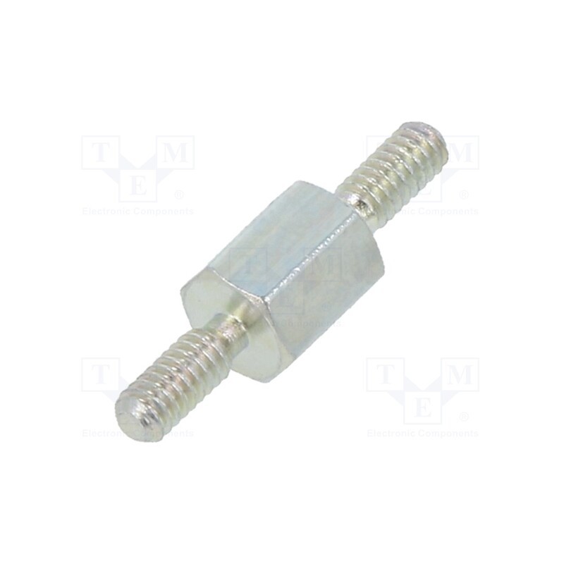 50 pcs : 421X05 - Screwed spacer sleeve, 5mm, Ext.thread: M2, hexagonal, steel, zinc