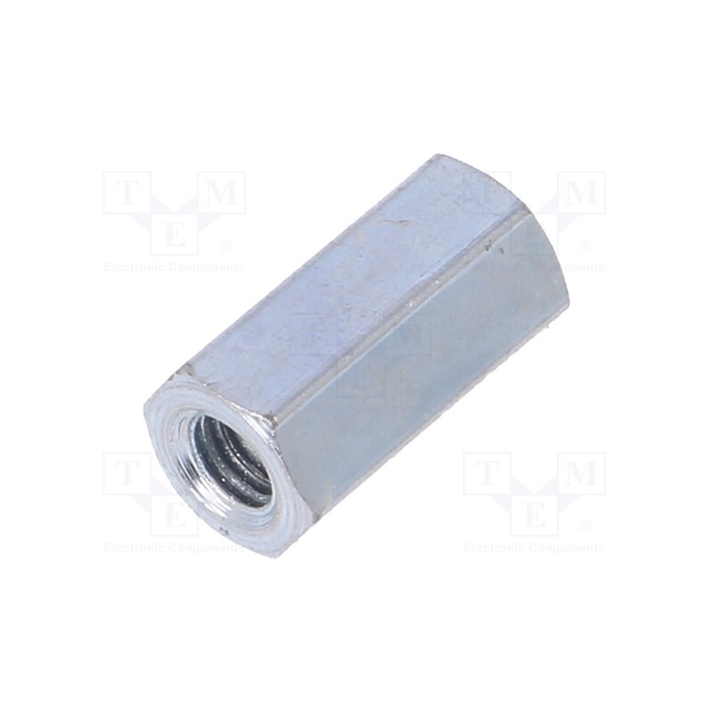 50 pcs : 123X10 - Screwed spacer sleeve, 10mm, Int.thread: M3, hexagonal, steel