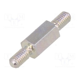 50 pcs : 423X08 - Screwed spacer sleeve, 8mm, Ext.thread: M3, hexagonal, steel, zinc