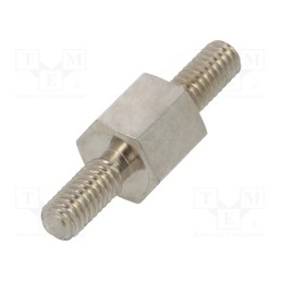 50 pcs : 412X05 - Screwed spacer sleeve, 5mm, Ext.thread: M2,5, hexagonal, brass