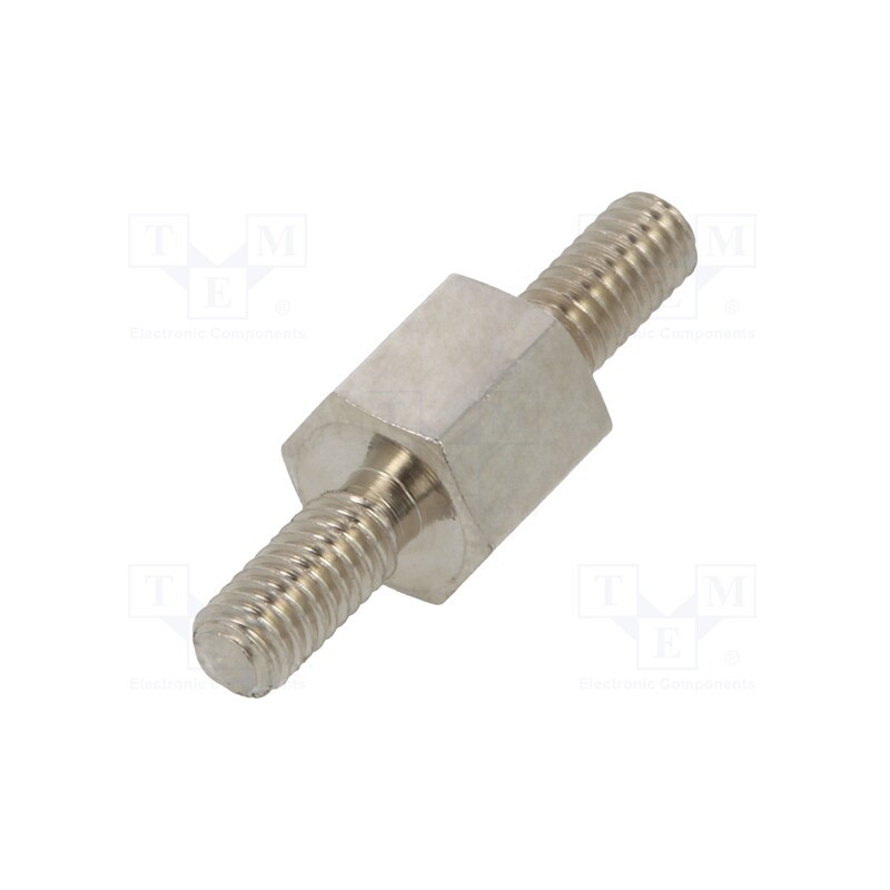 50 pcs : 412X05 - Screwed spacer sleeve, 5mm, Ext.thread: M2,5, hexagonal, brass