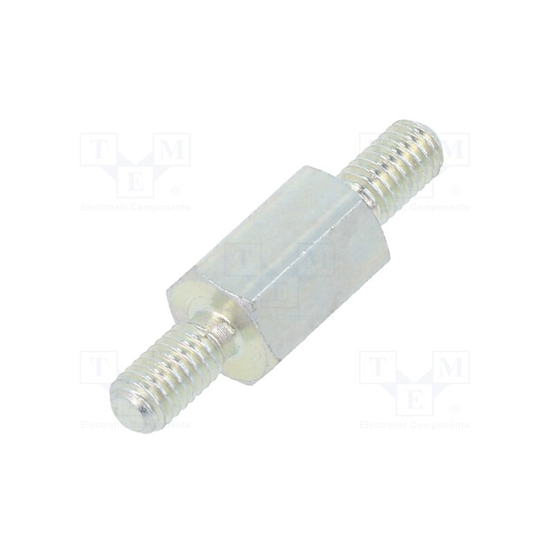 50 pcs : 424X08 - Screwed spacer sleeve, 8mm, Ext.thread: M3, hexagonal, steel, zinc