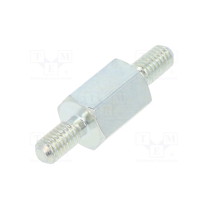 50 pcs : 425X08 - Screwed spacer sleeve, 8mm, Ext.thread: M3, hexagonal, steel, zinc