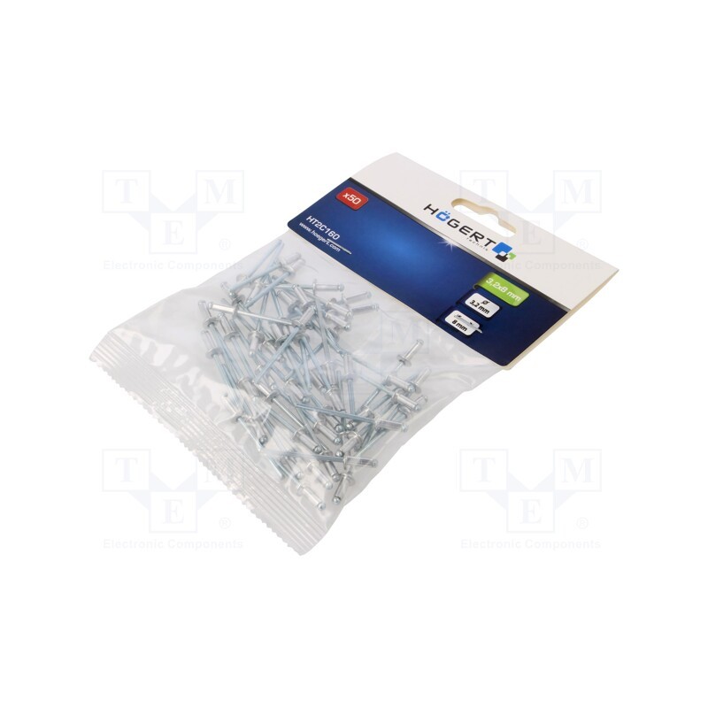 10 pcg : HT2C160 - Rivet, aluminium, Rivet diam: 3.2mm, L.rivet: 8mm, 50pcs.