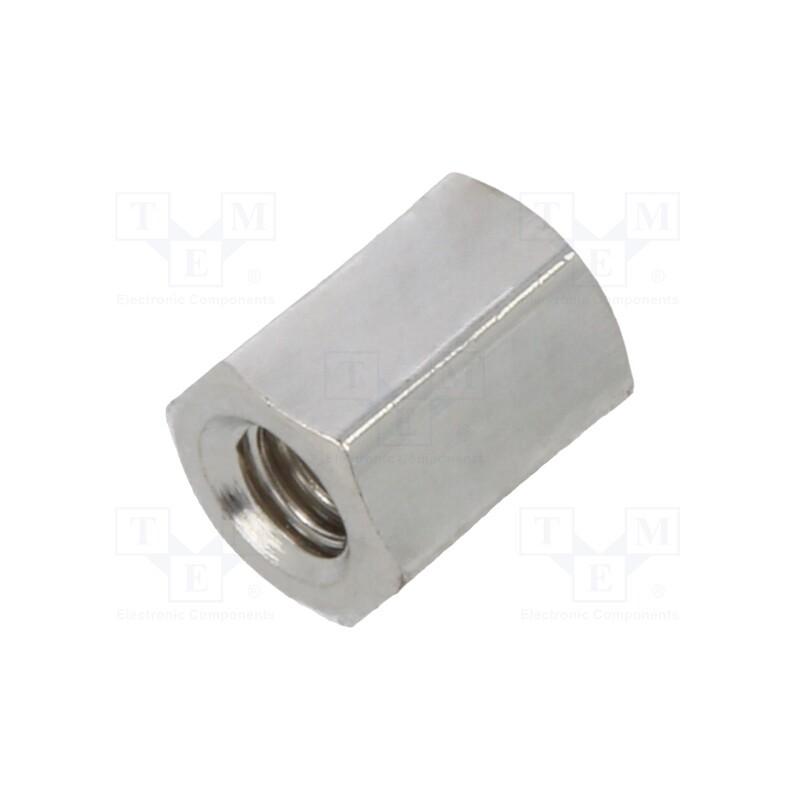50 pcs : 1112X05 - Screwed spacer sleeve, 5mm, Int.thread: M2,5, hexagonal, brass